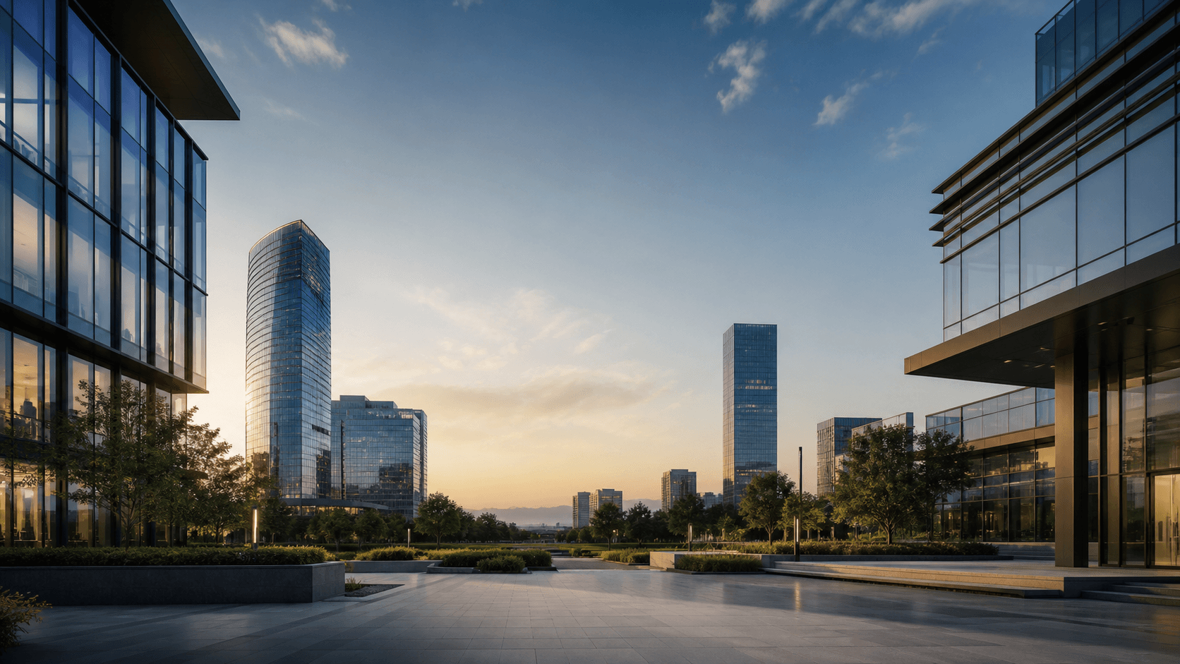 Modern commercial real estate district at golden hour